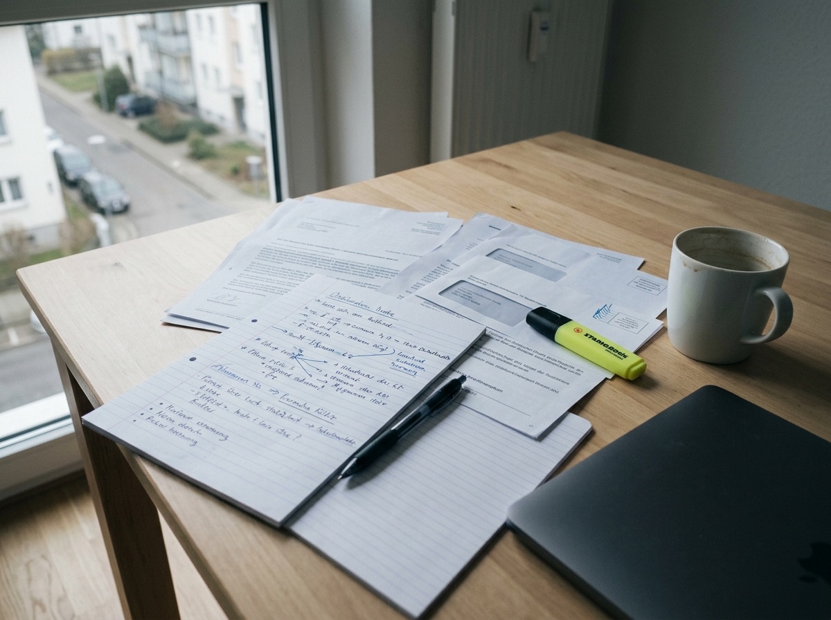Schreibtisch mit aufgeschlagenem Notizbuch, handschriftlichen Notizen, amtlichen Briefen, Textmarker, Stift und halb ausgetrunkener Kaffeetasse — jemand sortiert gerade Unterlagen.